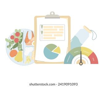 El concepto de bienestar. Programa del plan de dieta y plato alimentario saludable con gráfico de bmi. Lista de comprobación de recuento de nutrientes. Concepto de seguimiento de comidas. Control de pérdida de peso. Ilustración plana vectorial aislada.