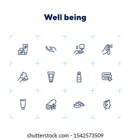 Well being line icon set. Face lifting, facial cream, folded towel. Beautician concept. Can be used for topics like beauty products, spa salon, body care
