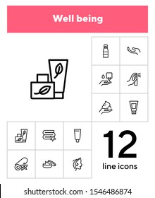 Well being line icon set. Face lifting, facial cream, folded towel. Beautician concept. Can be used for topics like beauty products, spa salon, body care