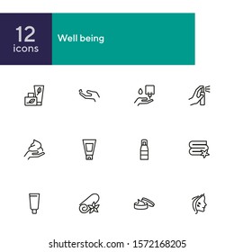 Well being line icon set. Face lifting, facial cream, folded towel. Beautician concept. Can be used for topics like beauty products, spa salon, body care