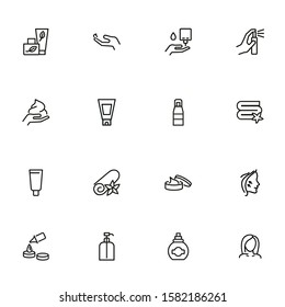 Well being line icon set. Face lifting, facial cream, folded towel. Beautician concept. Can be used for topics like beauty products, spa salon, body care