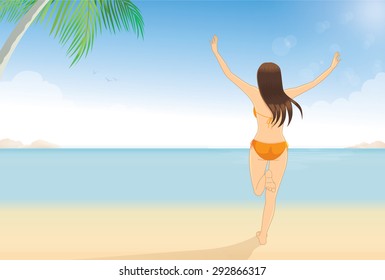 Well being woman wear orange bikini run on the beach for relaxation