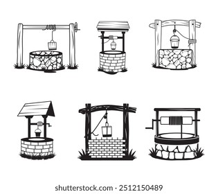 Well Best Clean Vector Collection Set, Eye-Catching well Water Vector Illustration Isolated And Outline Vector, Water Well With Wooden Bucket, Vector Old Ancient Village Water Tank. Water Supply Well