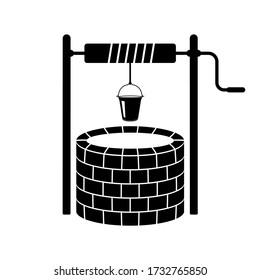 Well and bucket icon. Vector illustration of an old stone well. Brick sump.