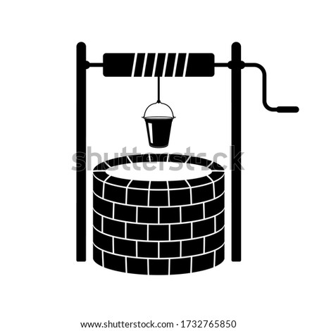 Well and bucket icon. Vector illustration of an old stone well. Brick sump.