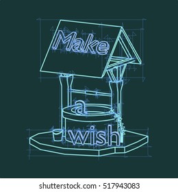 well, bucket, words, roof, pail, drawing, vector, make a wish