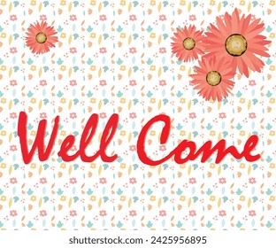 Well come card on white background  . Greeting card, banner, poster and sticker concept, Memphis geometric style with text Welcome on colorful background. 
