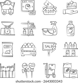Well crafted collection depicting shopping and commerce hand drawn icons