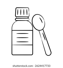 A well crafted hand drawn icon of baby syrup bottle with spoon