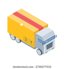 Um ícone isométrico bem trabalhado representando um caminhão de transporte de comércio eletrônico.