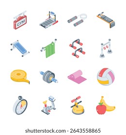 Well designed collection of fitness and workout tools isometric icons