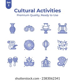 Well designed cultural activities icons set in modern style, premium vectors