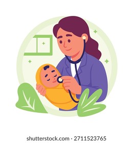 Ilustración plana bien diseñada de un pediatra que examina a un bebé en una clínica