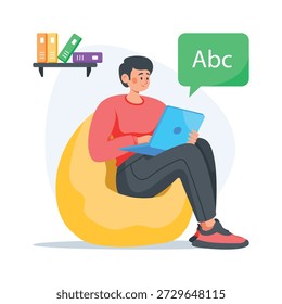 Ilustração plana bem projetada de um aluno que frequenta a aula de inglês virtual em notebook,