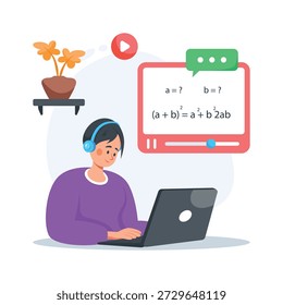 Ilustração plana bem projetada de um aluno que frequenta aula de matemática virtual no notebook