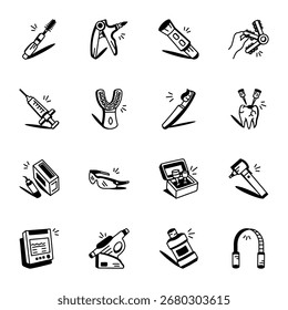 Colección bien diseñada dibujada a mano que muestra herramientas y equipos dentales