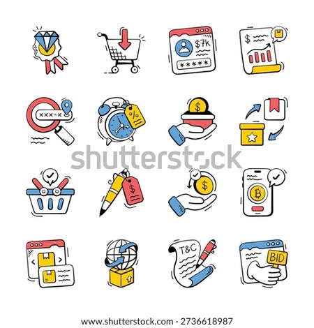 Well designed hand drawn icons set of shopping and ecommerce