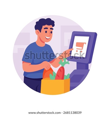 Well designed illustration of a man making payment at self-checkout for groceries.