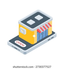 A well designed isometric icon of an open ecommerce store