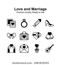 Well designed love and marriage icons set in editable style