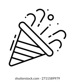 Well designed outline icon of party popper with confetti explosion for events