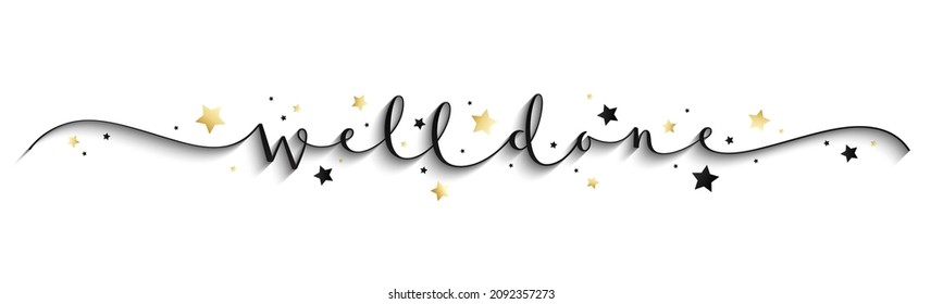 WELL DONE black vector brush calligraphy banner with gold and black stars