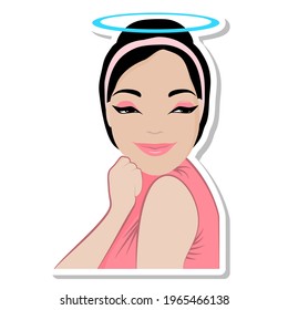 Well done! Cartoon friendly brunette woman with halo over head is happy, smiling angel girl flirts cute.