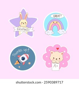 Well done, good job stickers for kids, reward, achievement for motivating, encouraging learning, studding, good behavior, homework. Appreciation labels for children with cute animals.