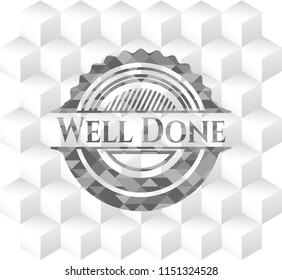 Well Done grey badge with geometric cube white background