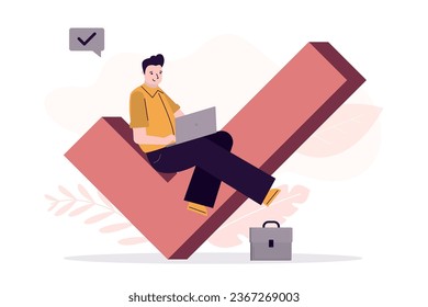 Well done job, successfully completed task concept. happy business man sitting on giant checkmark and uses laptop. Online survey, voting. Young male manager completed task. flat vector illustration