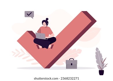 Well done job, successfully completed task concept. happy business woman sitting on giant checkmark and uses laptop. Online survey, voting. Young female manager completed task. vector illustration