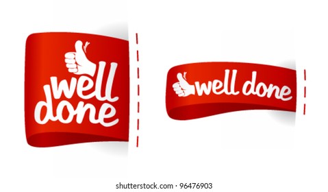 Well done labels with hand thumbs up symbol.