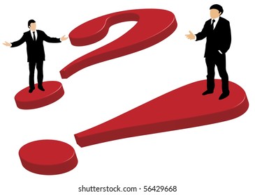 Well dressed business men standing on a big red 3d question mark and a and exclamation mark explaining and gesturing with hands and arms.