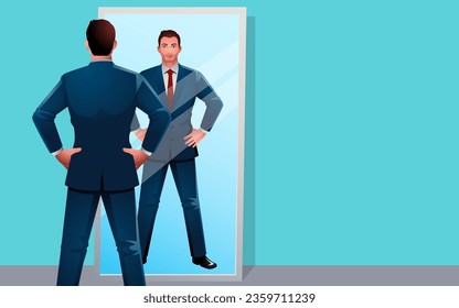 Well dressed businessman standing proudly with hands on hips in front of a mirror. Representation of self motivation, determination, strong business persona, professionalism, and leadership