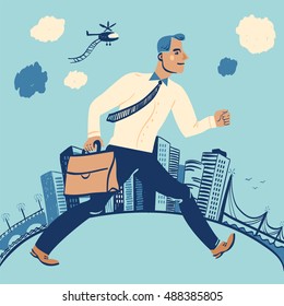 Well dressed businessman walking in a hurry through the business district in a city with tall 
skyscraper buildings, bridges, a river and a helicopter flying over the city
