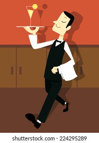 A well dressed butler appears to be walking while holding a tray with a glass of drink.