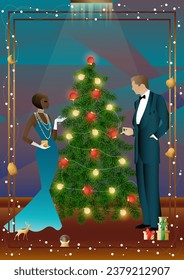 Well dressed human near a decorated Christmas tree with friends on New Year s Eve in a luxury restaurant or at home. Concept for holiday, winter holidays, New Year, Christmas