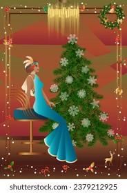Well dressed human near a decorated Christmas tree with friends on New Year s Eve in a luxury restaurant or at home. Concept for holiday, winter holidays, New Year, Christmas