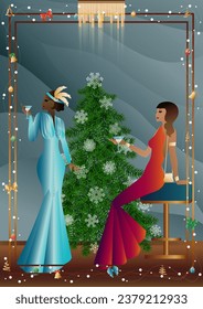 Well dressed human near a decorated Christmas tree with friends on New Year s Eve in a luxury restaurant or at home. Concept for holiday, winter holidays, New Year, Christmas