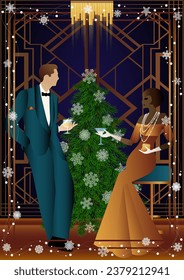 Well dressed human near a decorated Christmas tree with friends on New Year s Eve in a luxury restaurant or at home. Concept for holiday, winter holidays, New Year, Christmas