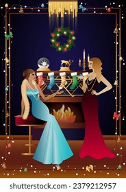 Well dressed human near a decorated fireplace with friends on New Year s Eve in a luxury restaurant or at home. Concept for holiday, winter holidays, New Year, Christmas