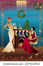 Well dressed human near a decorated fireplace with friends on New Year s Eve in a luxury restaurant or at home. Concept for holiday, winter holidays, New Year, Christmas