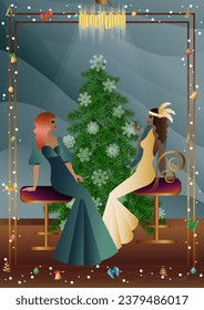 Well dressed human near a decorated Christmas tree with friends on New Year s Eve in a luxury restaurant or at home. Concept for holiday, winter holidays, New Year, Christmas