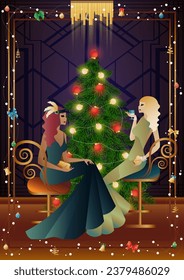 Well dressed human near a decorated Christmas tree with friends on New Year s Eve in a luxury restaurant or at home. Concept for holiday, winter holidays, New Year, Christmas