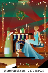 Well dressed human near a decorated fireplace with friends on New Year s Eve in a luxury restaurant or at home. Concept for holiday, winter holidays, New Year, Christmas