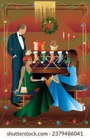 Well dressed human near a decorated fireplace with friends on New Year s Eve in a luxury restaurant or at home. Concept for holiday, winter holidays, New Year, Christmas