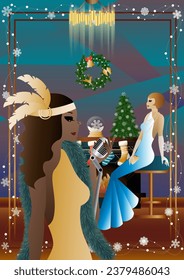 Well dressed human near a decorated fireplace with friends on New Year s Eve in a luxury restaurant or at home. Concept for holiday, winter holidays, New Year, Christmas