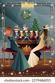 Well dressed human near a decorated fireplace with friends on New Year s Eve in a luxury restaurant or at home. Concept for holiday, winter holidays, New Year, Christmas