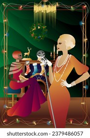 Well dressed human near a decorated fireplace with friends on New Year s Eve in a luxury restaurant or at home. Concept for holiday, winter holidays, New Year, Christmas