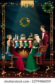Well dressed human near a decorated fireplace with friends on New Year s Eve in a luxury restaurant or at home. Concept for holiday, winter holidays, New Year, Christmas
